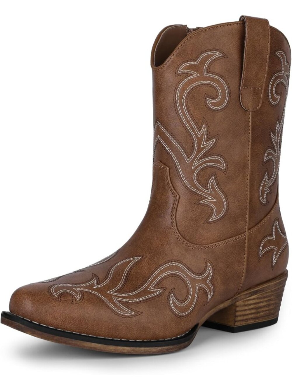 DREAM PAIRS Women's Classic Tan Ankle Cowgirl Boots Square Toe Chunky Heels